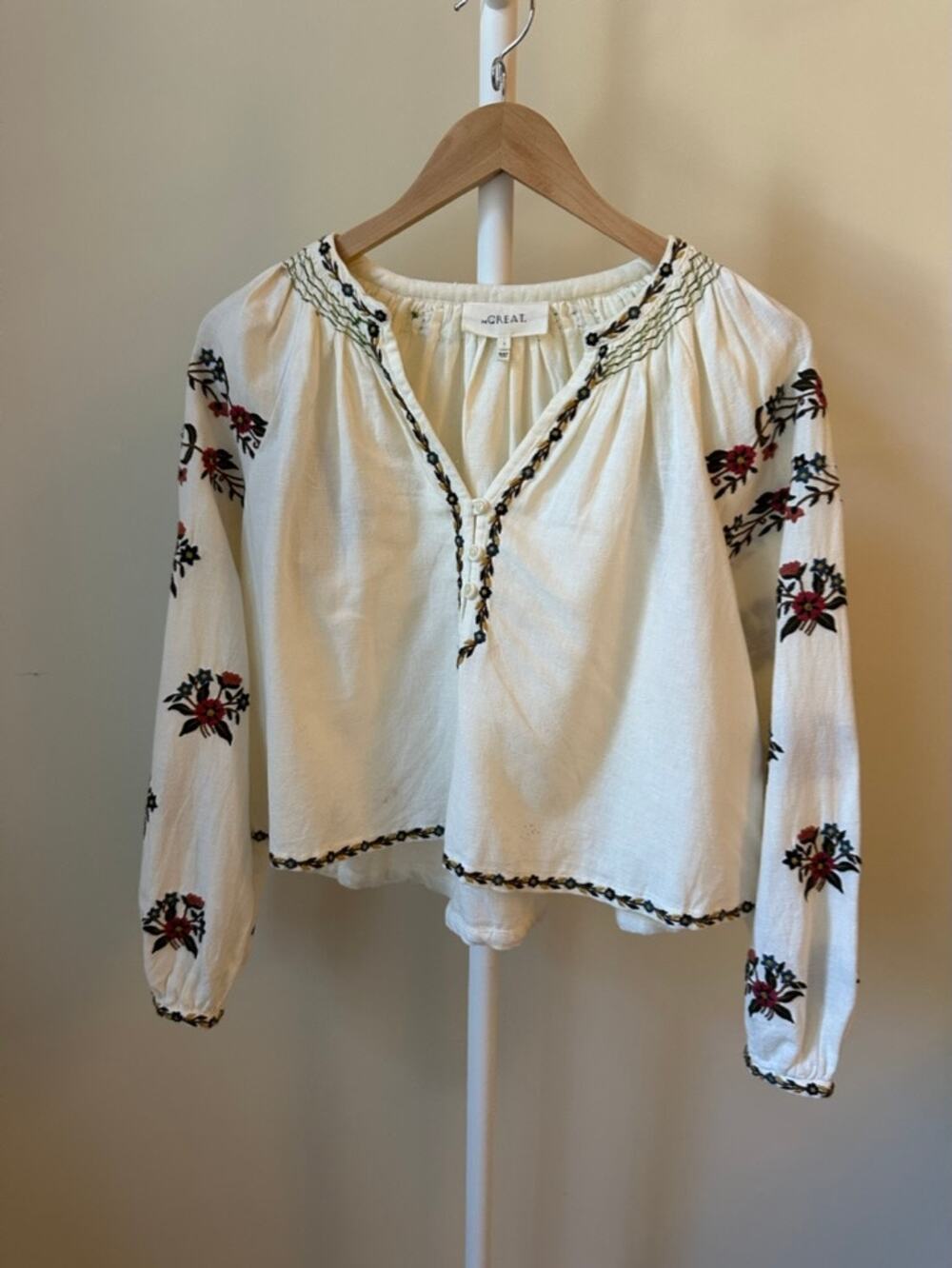 The Great Embroidered Peasant Top in Ivory, Size 1